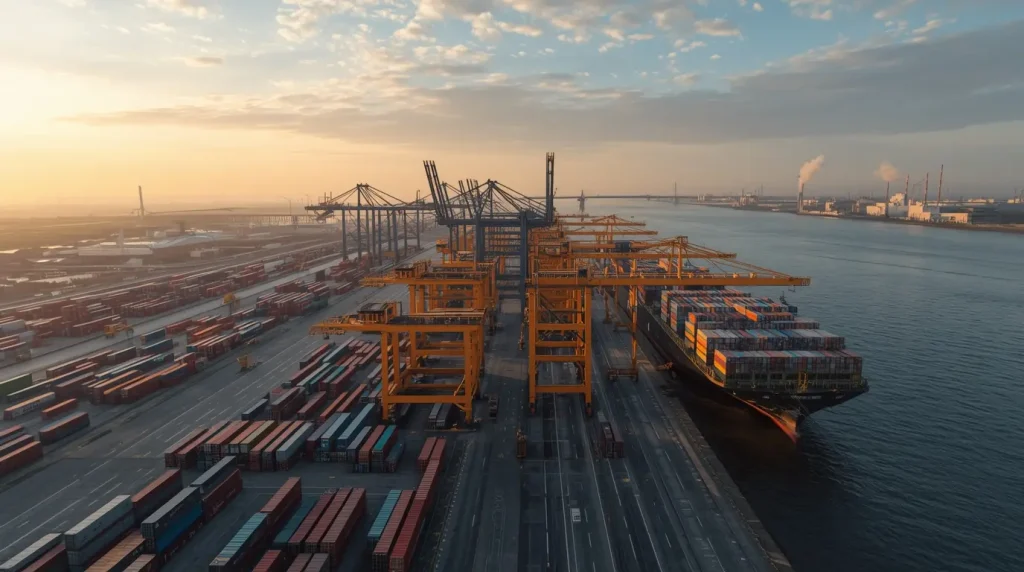 Aerial view of a busy shipping terminal with colorful cargo containers, large cranes, and container ships docked at the port, symbolizing industrial growth. The scene is under a sunrise sky near a calm waterfront, highlighting the environmental concerns some call a "toxic grenade."
